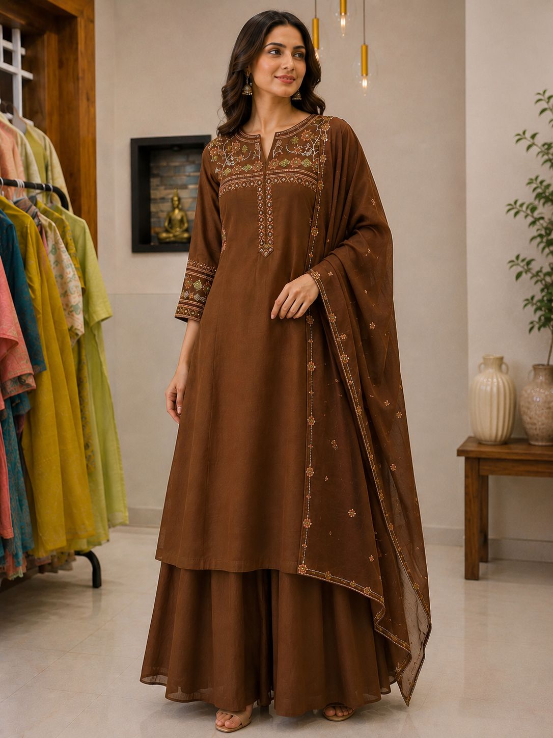 Elegant coffee brown three-piece dress