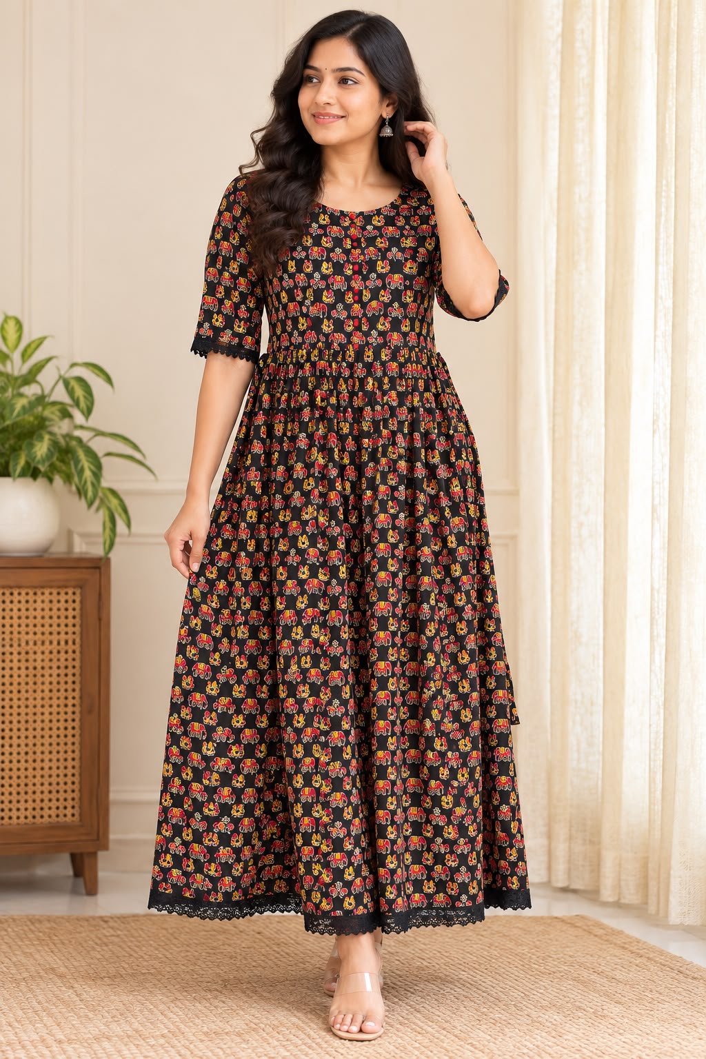 Kalamkari Cotton Maxi Dress – Black