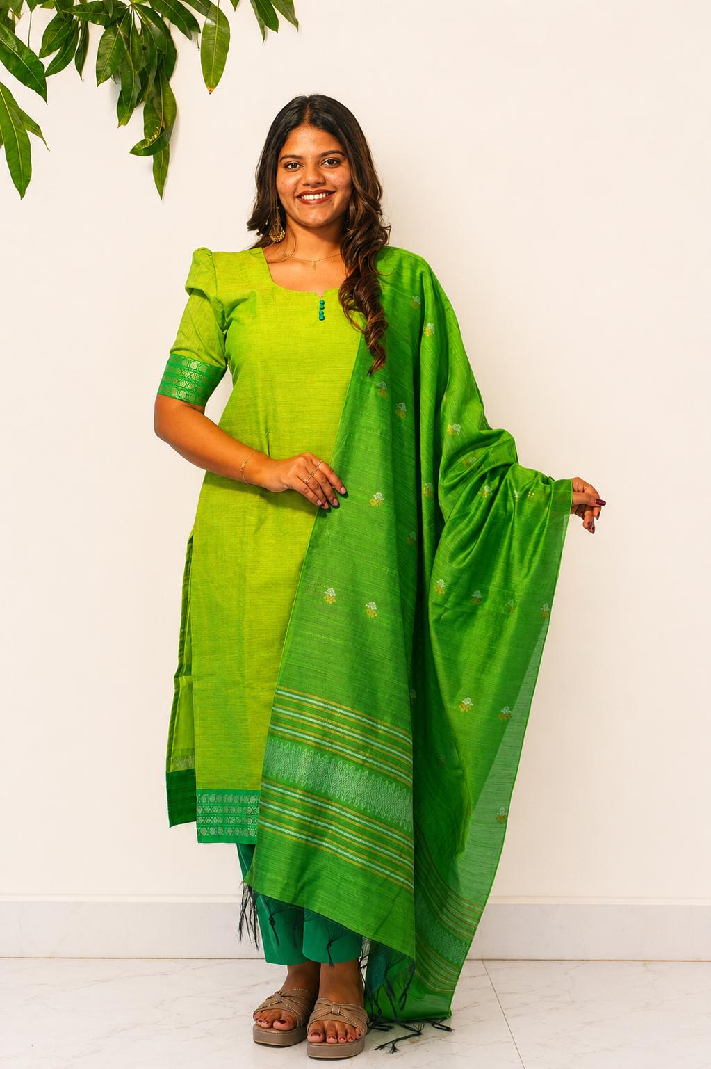 Mangalagiri cotton- lime green and deep emerald green
