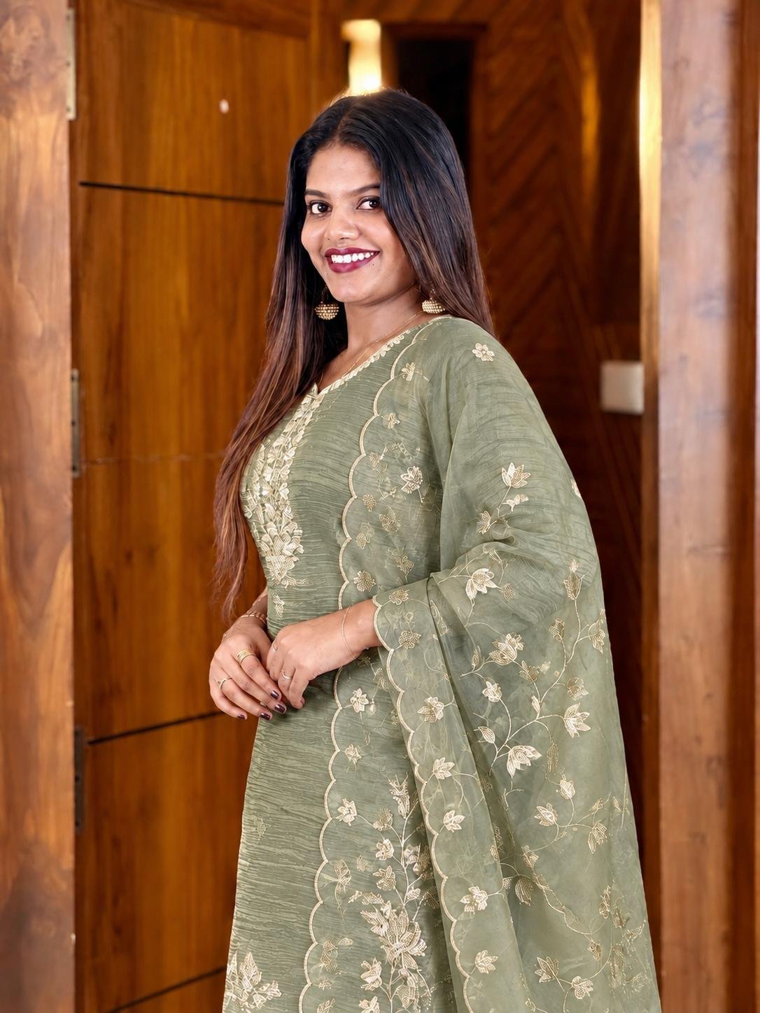 Salsa Tissue Embroidered Dress- Pastel green thumbnail