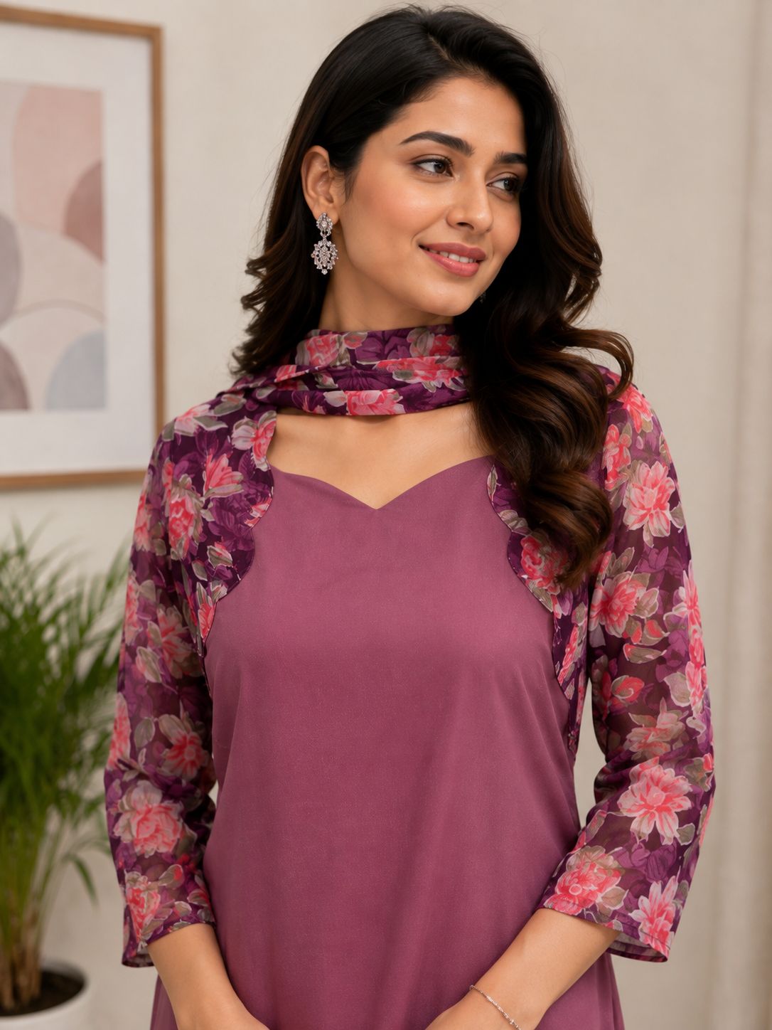 Purple Georgette kurta with shawl thumbnail