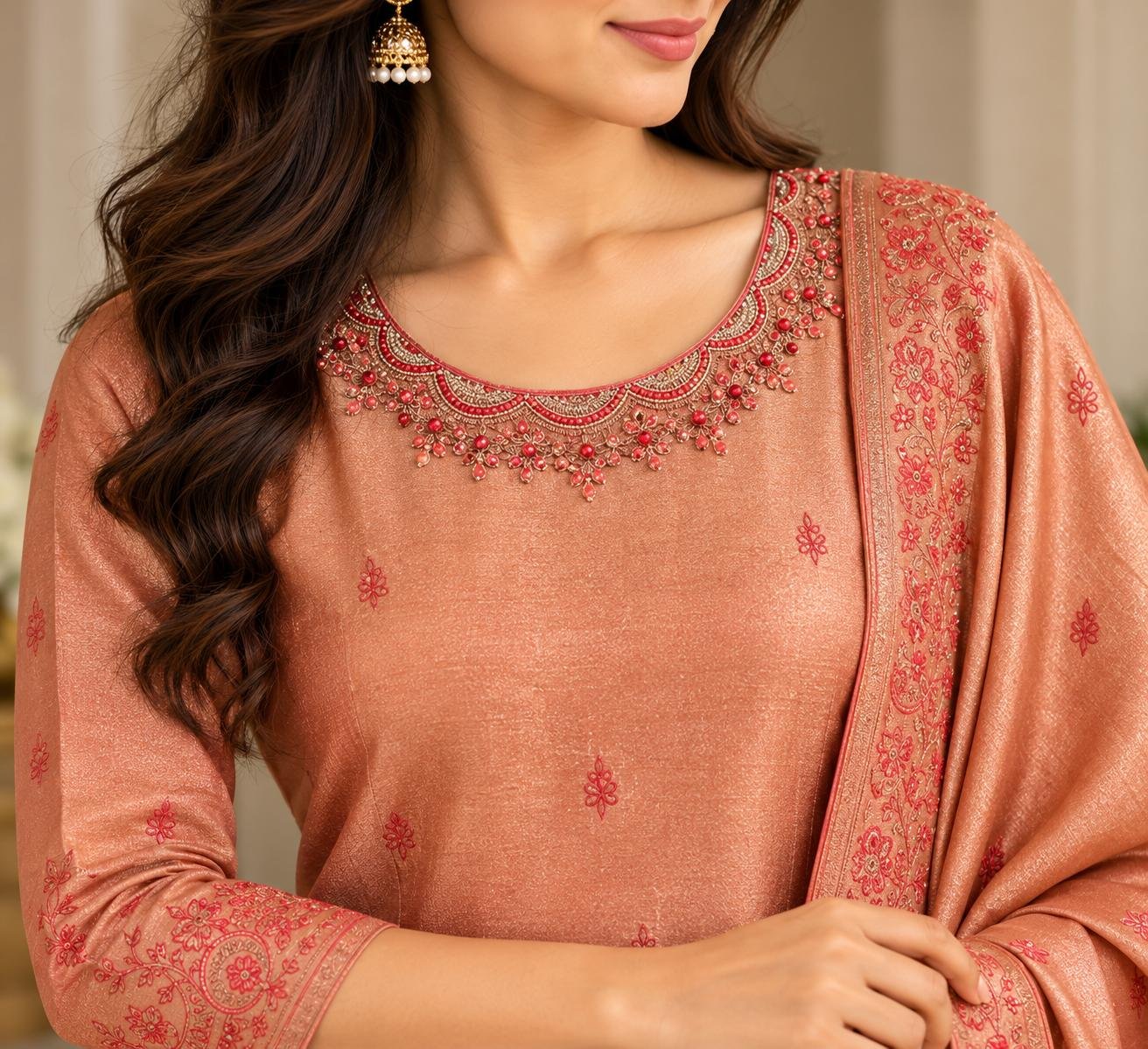Banaras dress-rich peach tone thumbnail
