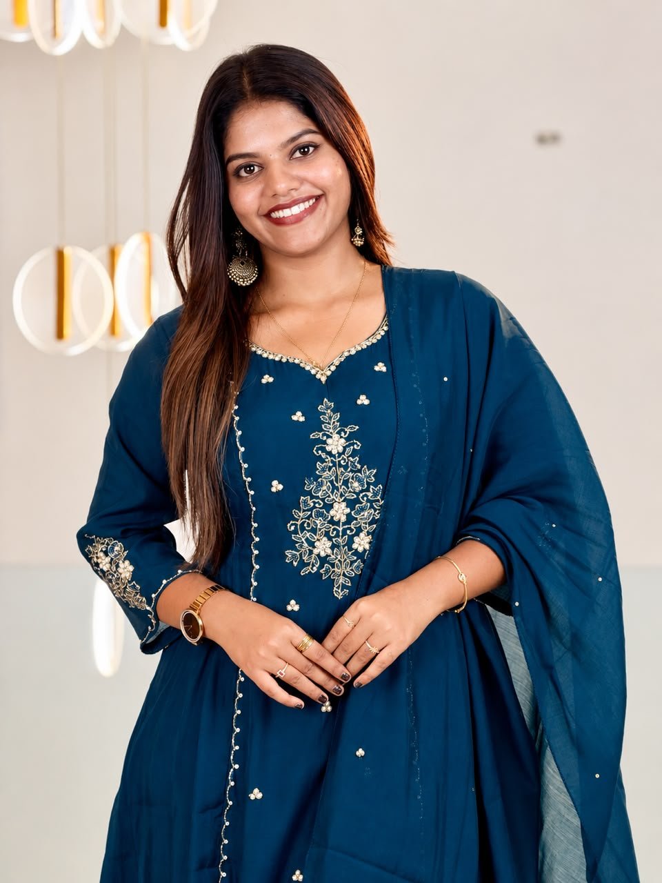 Mul Chanderi Embroidered Dress-Deep teal blue thumbnail