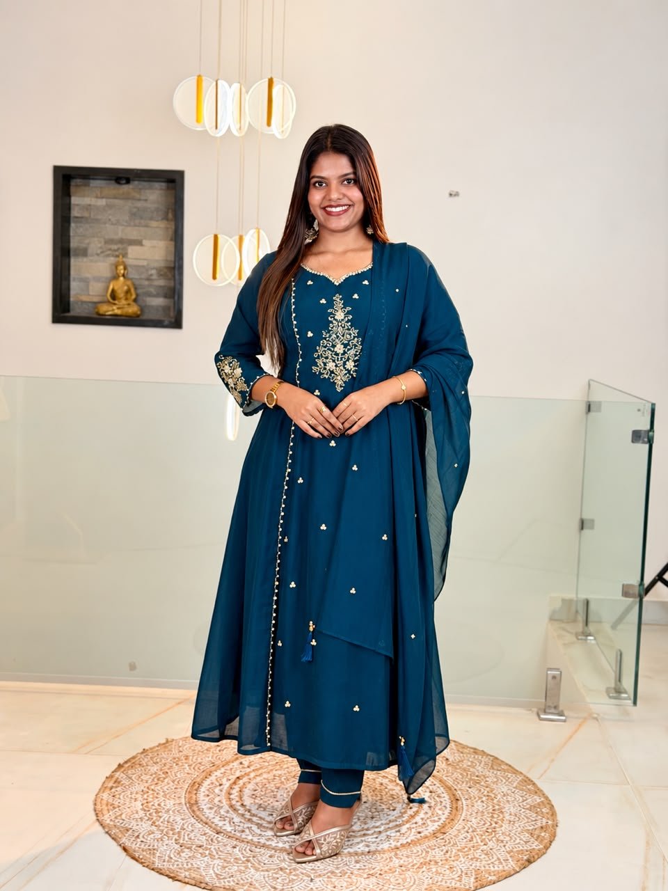Mul Chanderi Embroidered Dress-Deep teal blue