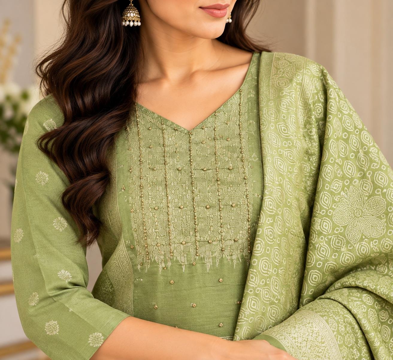 Premium Banaras-sage green set thumbnail