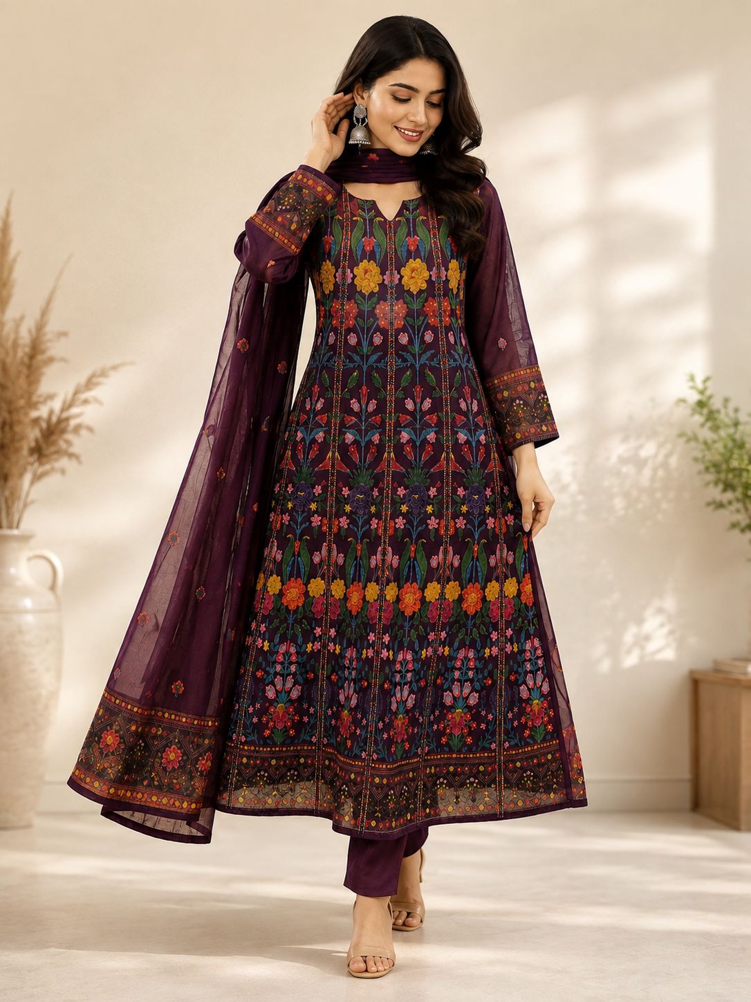 Linen Anarkali purple