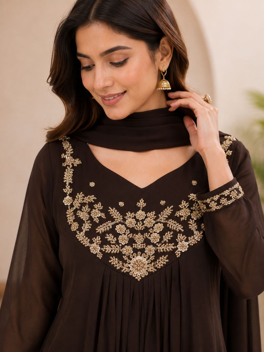Chocolate brown georgette handwork kura thumbnail