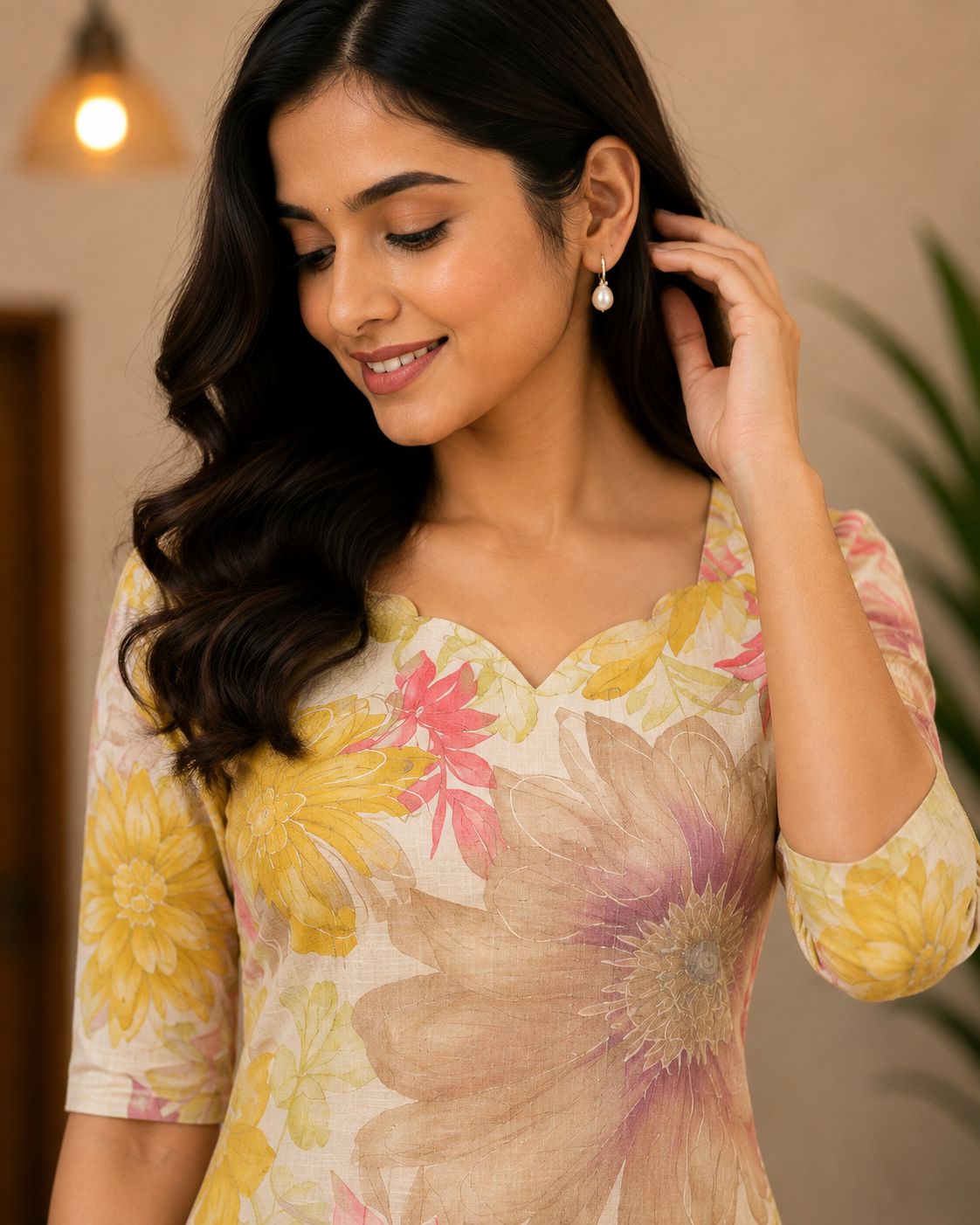 Floral straight cut kurta-mustard yellow thumbnail