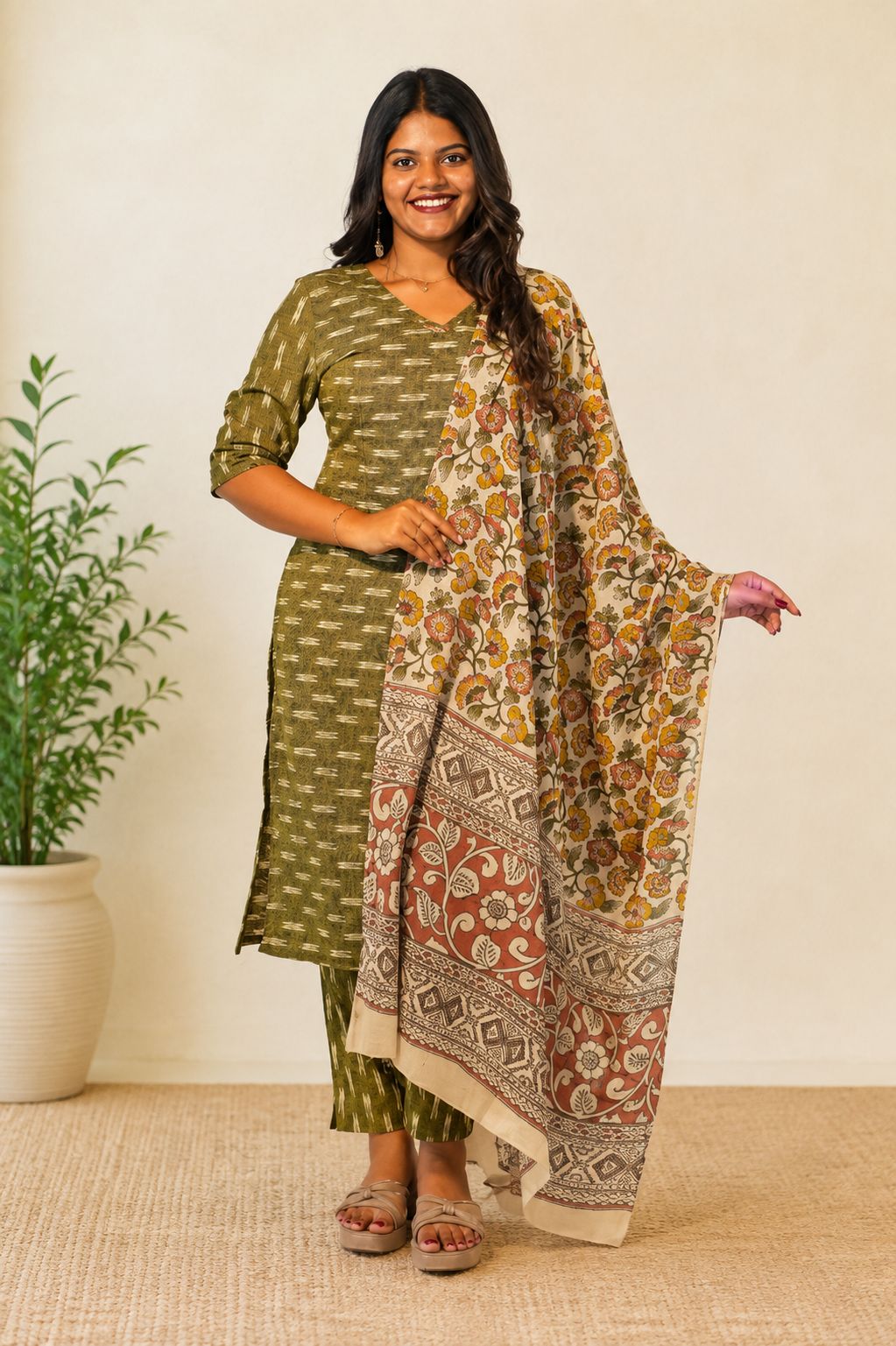 Ikkat coord set-olive green thumbnail
