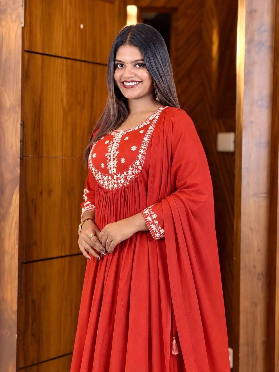 Coral Embroidered Anarkali Set-Burnt Orange thumbnail