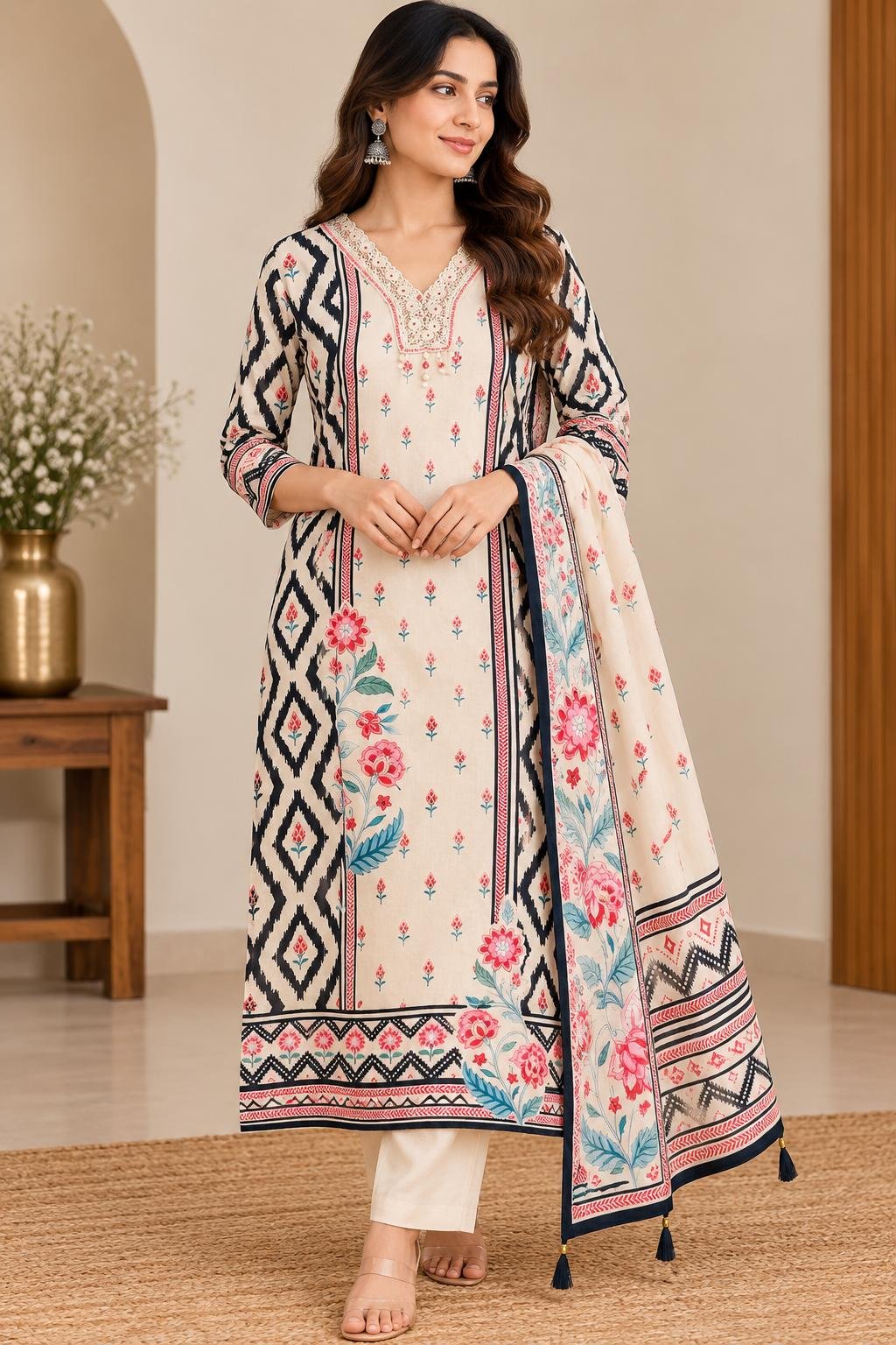 Premium Ivory Floral Printed 3-Piece Suit Set