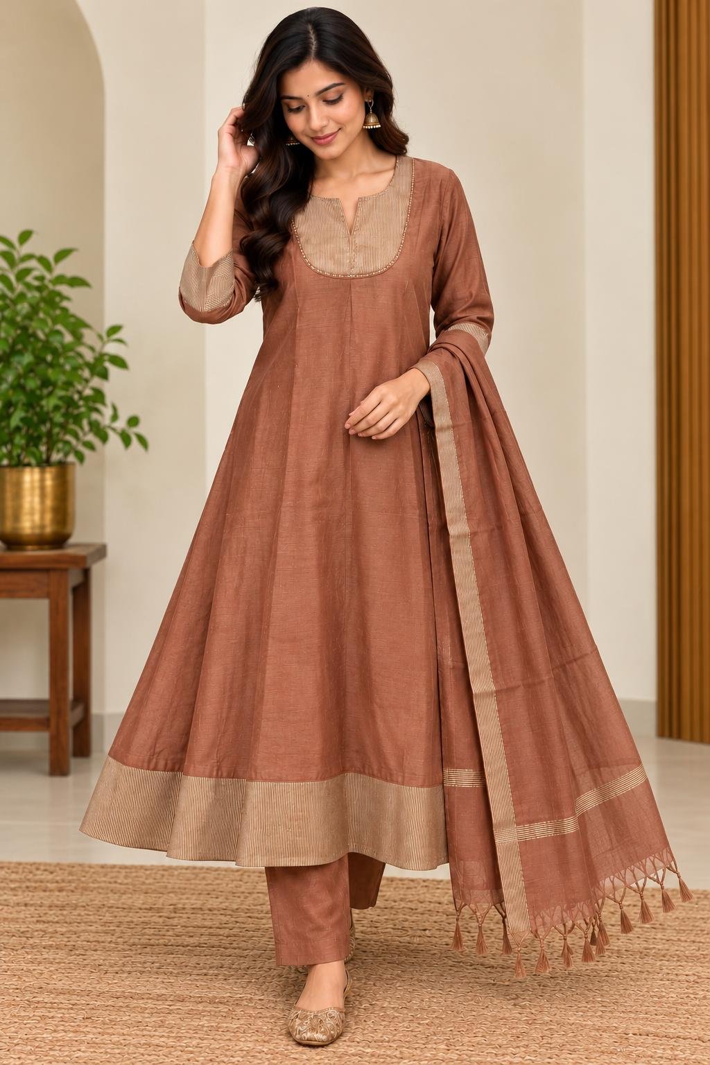 Premium Mulchanderi Anarkali Set – Antique Copper Brown thumbnail