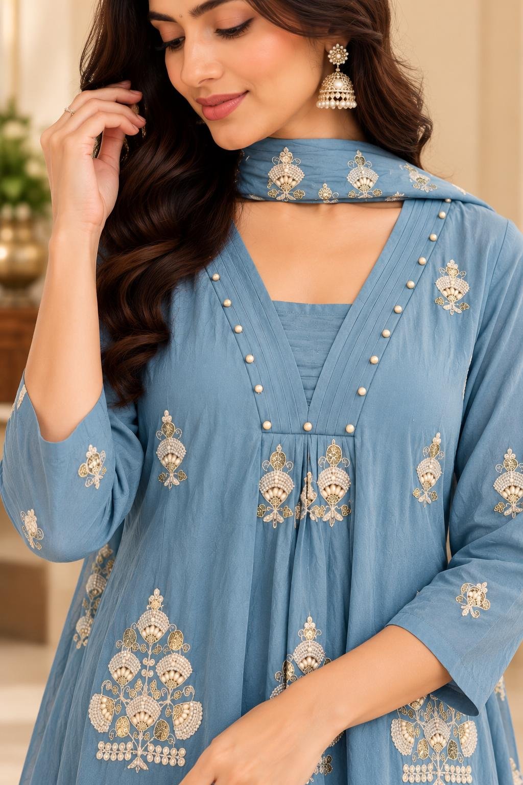 Elegant Dusty Blue Chinnon Anarkali Set thumbnail