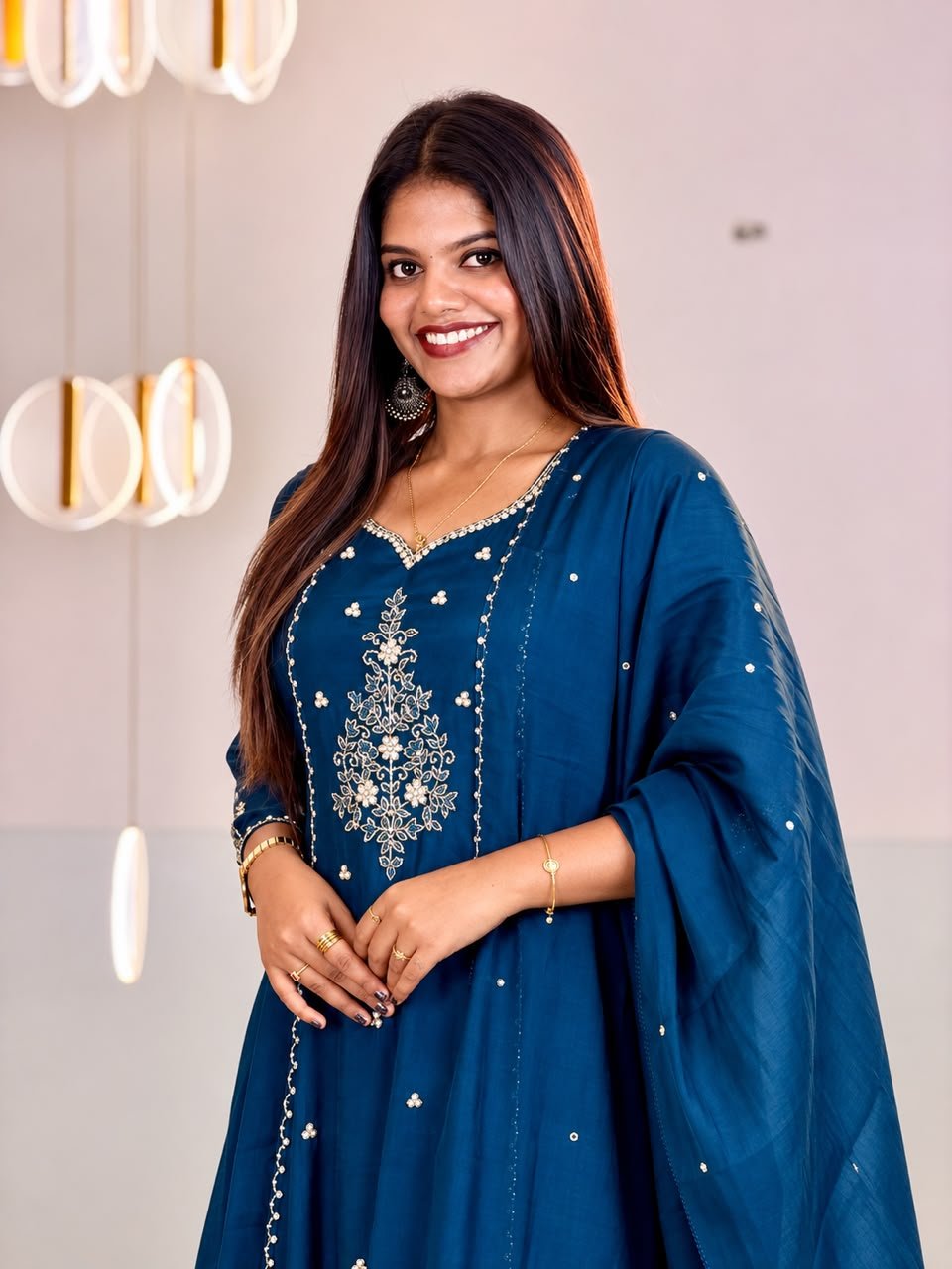 Mul Chanderi Embroidered Dress-Deep teal blue thumbnail