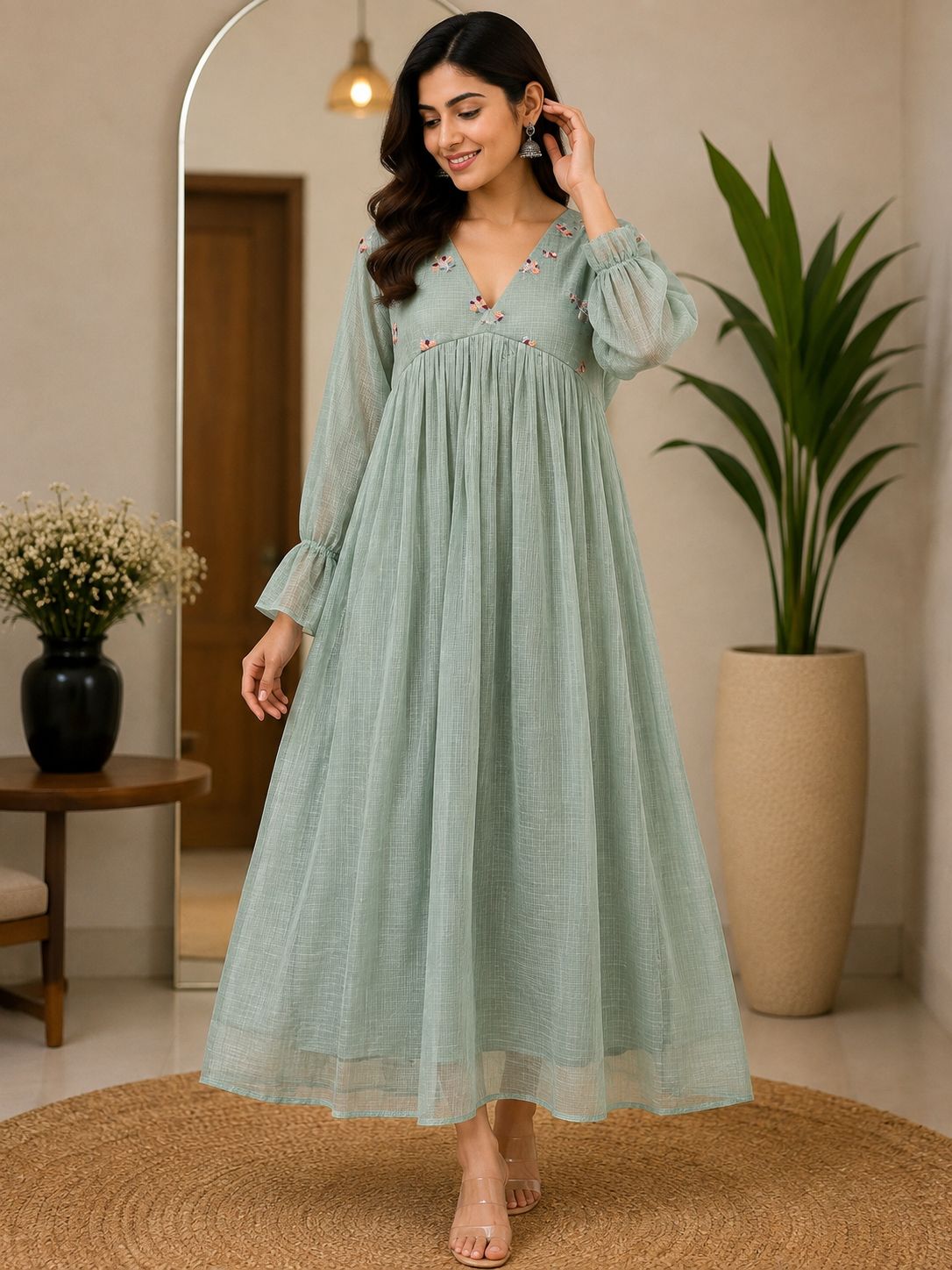 Elegant pastel mint green flowy dress