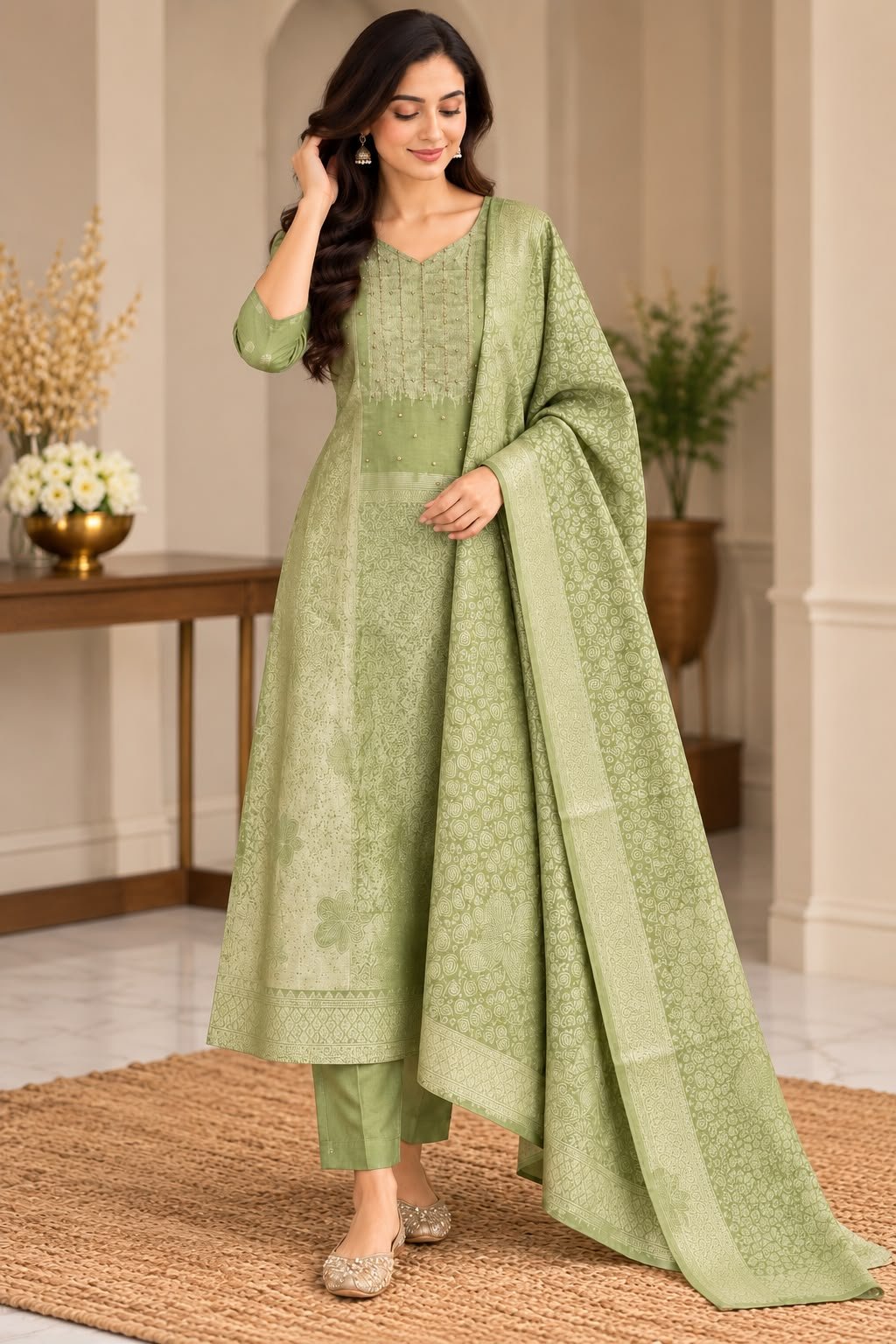 Premium Banaras-sage green set