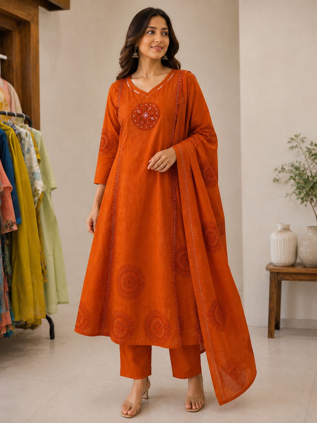 Cotton salwar set -rust orange
