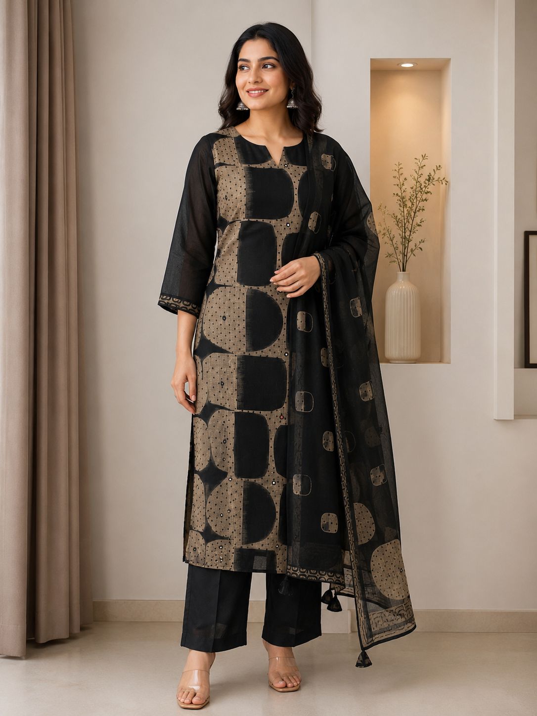 Dark Green & Beige Linen Three-Piece Set