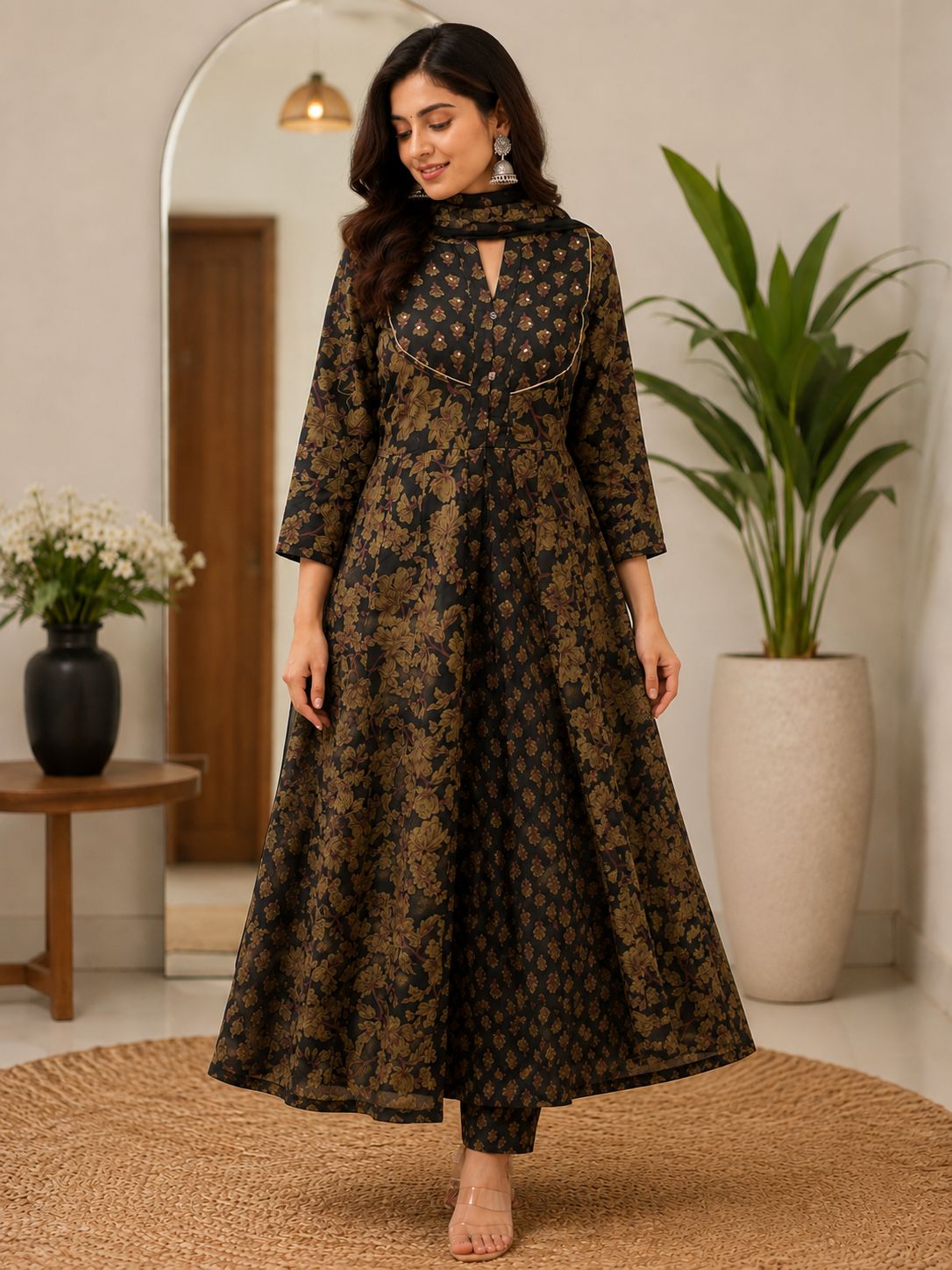 Elegant black cotton Anarkali set