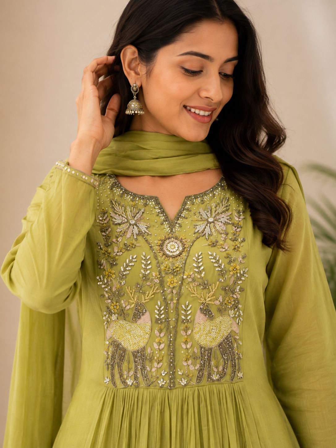 Mulchanderi kurta set -olive green