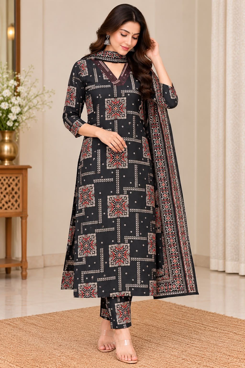 Elegant Black Printed Kurta Set
