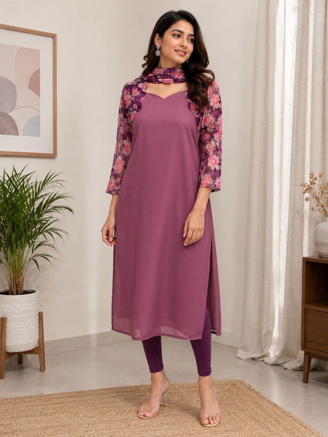 Purple Georgette kurta with shawl