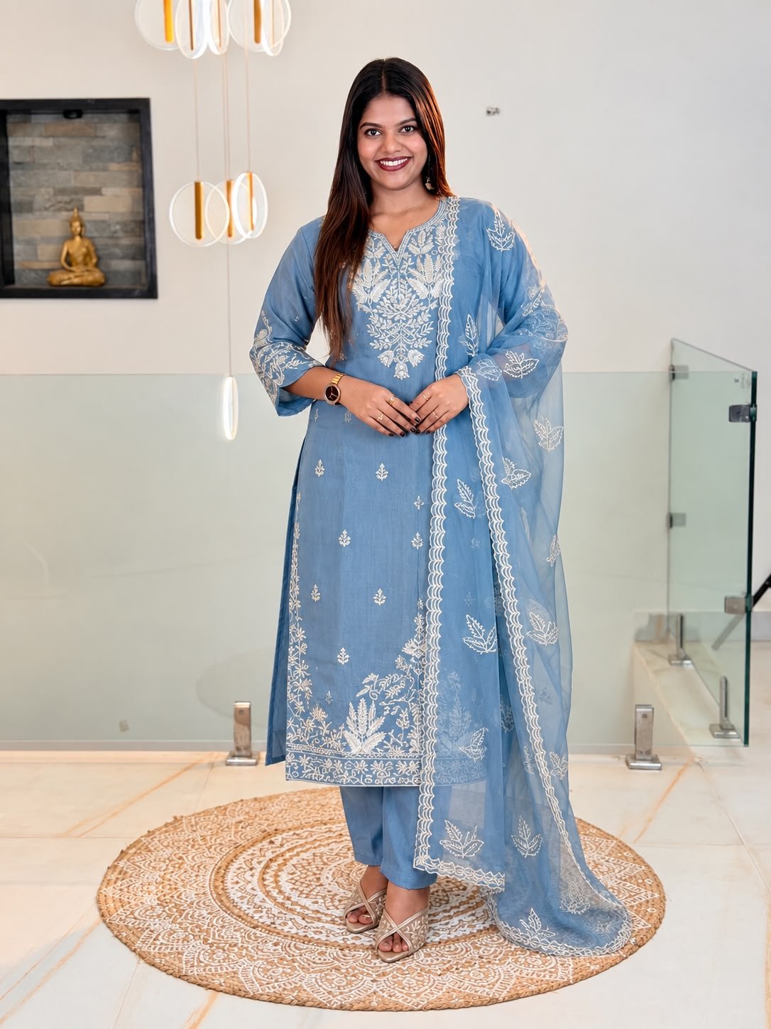 Tissue Embroidered Three-Piece Set-Dusty blue