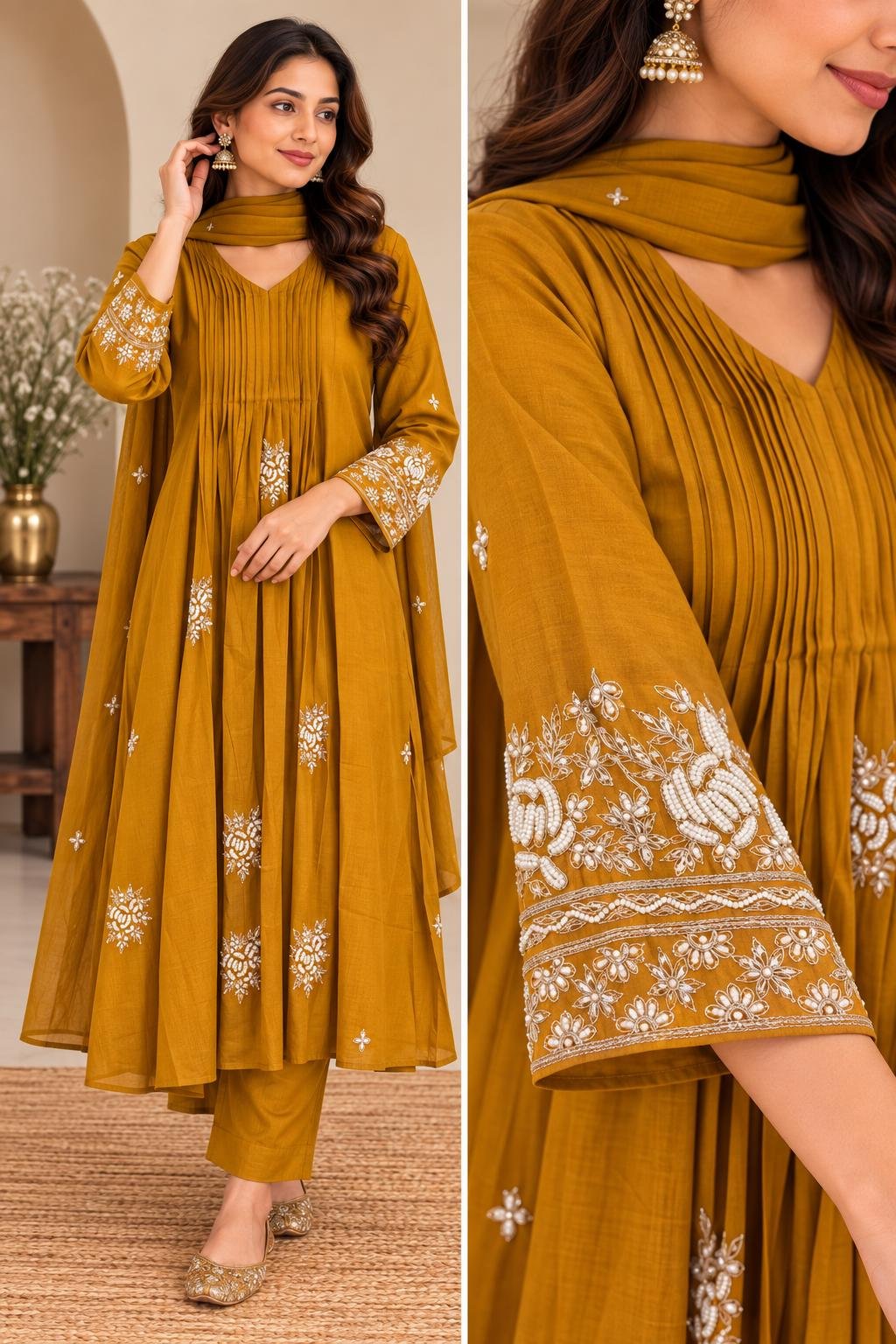 Premium Mulchanderi Anarkali -mustard set thumbnail