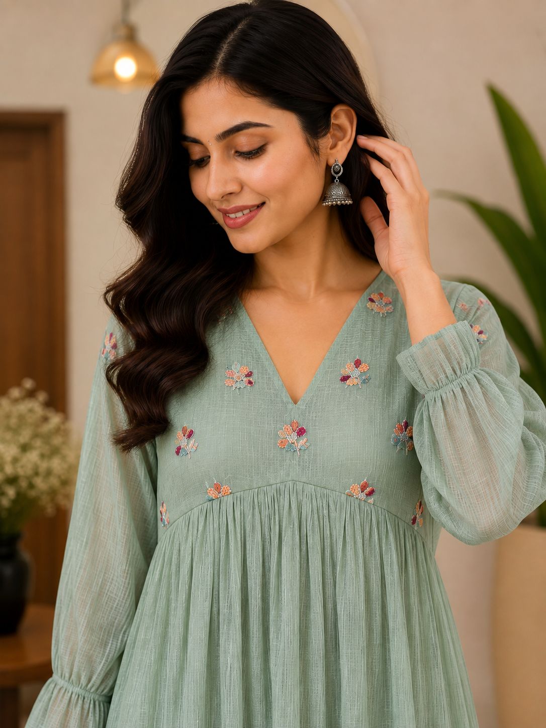 Elegant pastel mint green flowy dress thumbnail