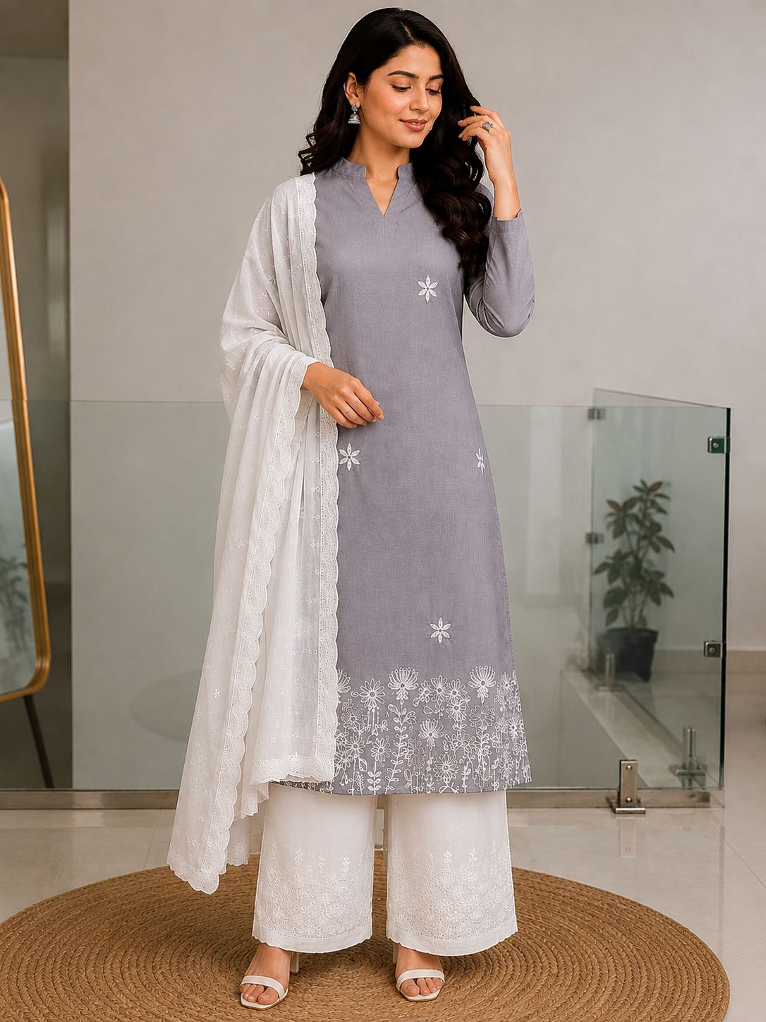 premium cotton hacoba suit set-Lilac grey
