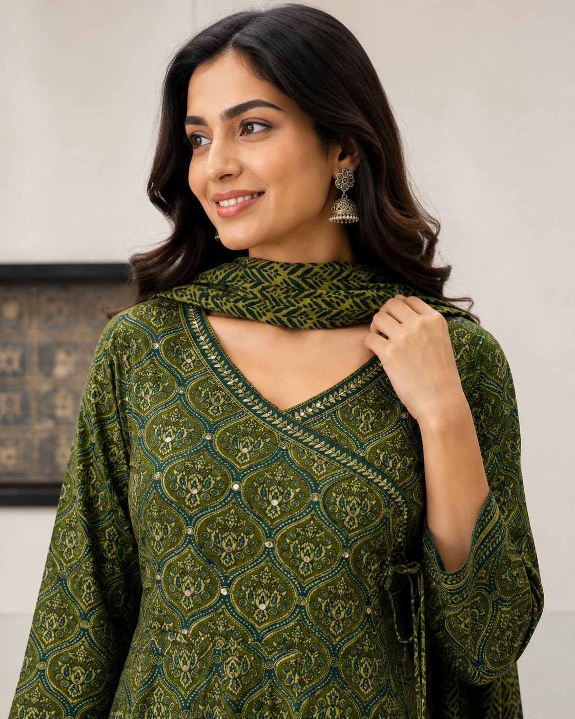 Olive Green Anarkali 60-60 cotton kurta set thumbnail