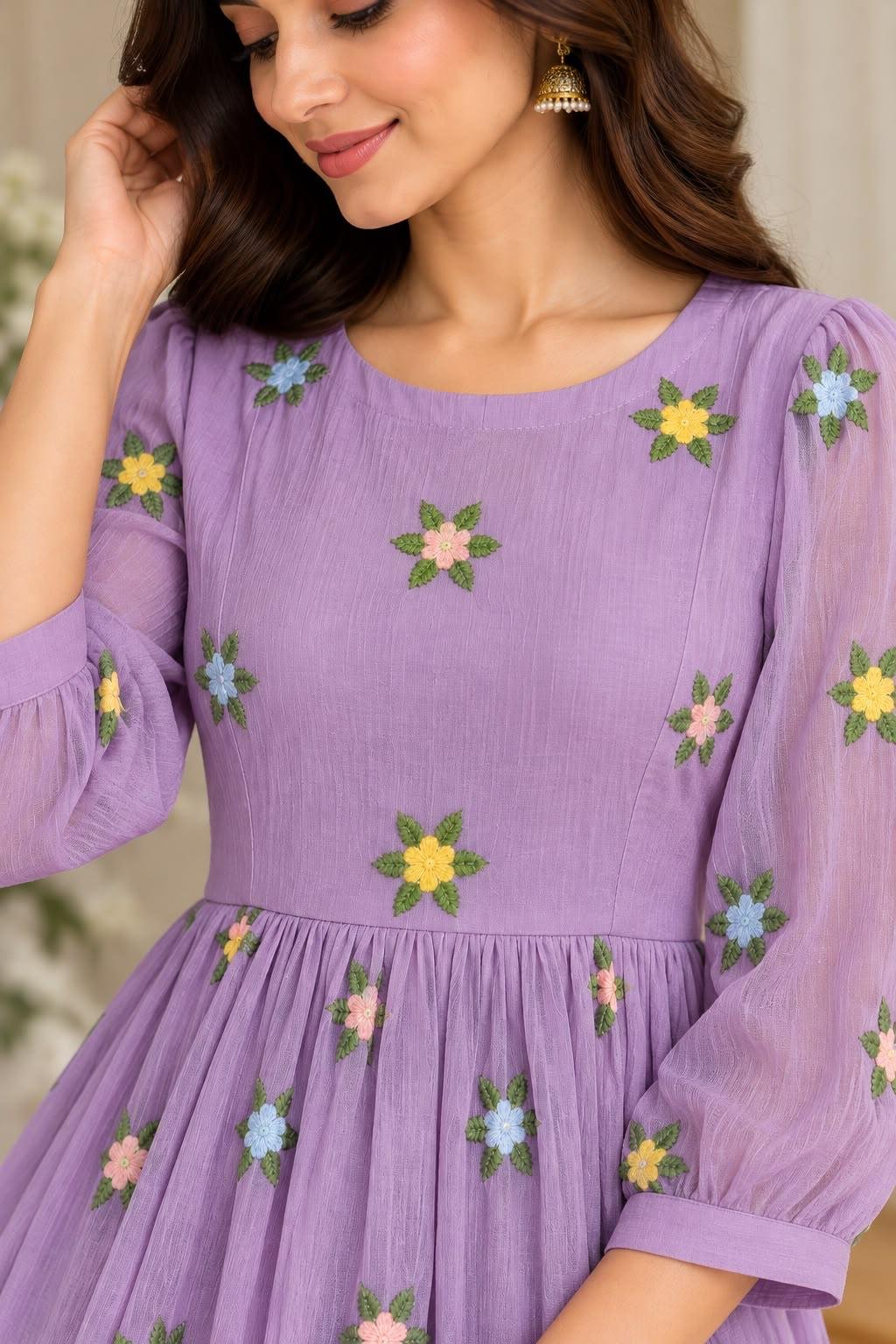 Premium Mul Chiffon Handwork Maxi – Lavender thumbnail
