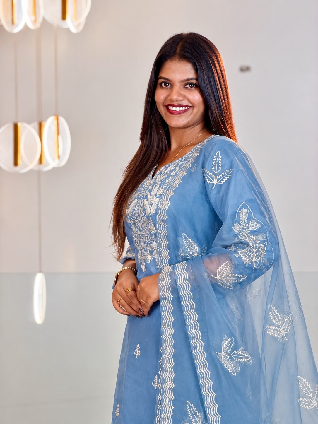 Tissue Embroidered Three-Piece Set-Dusty blue thumbnail