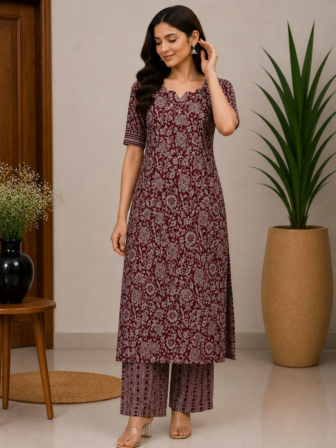 Maroon printed cotton coord set