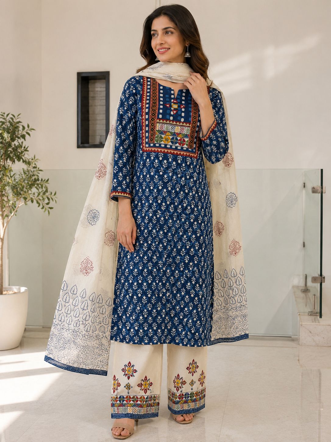 Indigo Blue Ajrak Printed Three-Piece Set