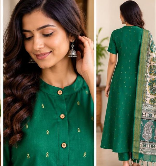 Raw silk Aline kurta set -Green thumbnail