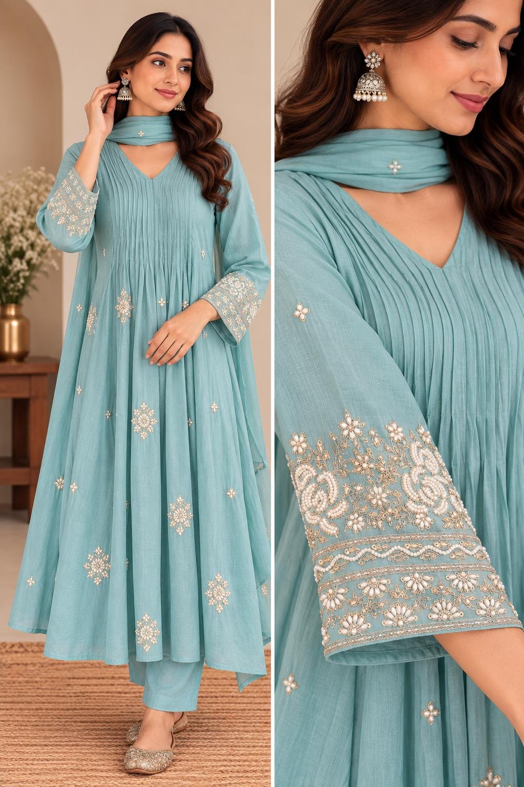 Mul Chanderi Anarkali set-pastel blue thumbnail