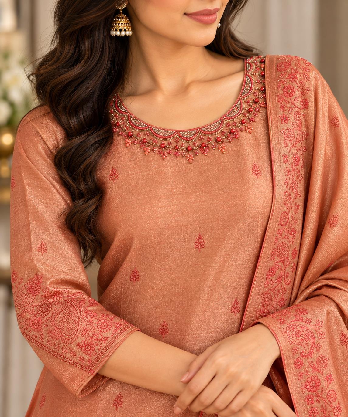 Banaras dress-rich peach tone thumbnail