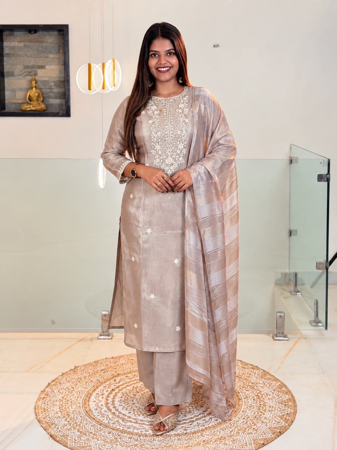 Glass Tissue Embroidered 3-Piece Set-Taupe-Grey
