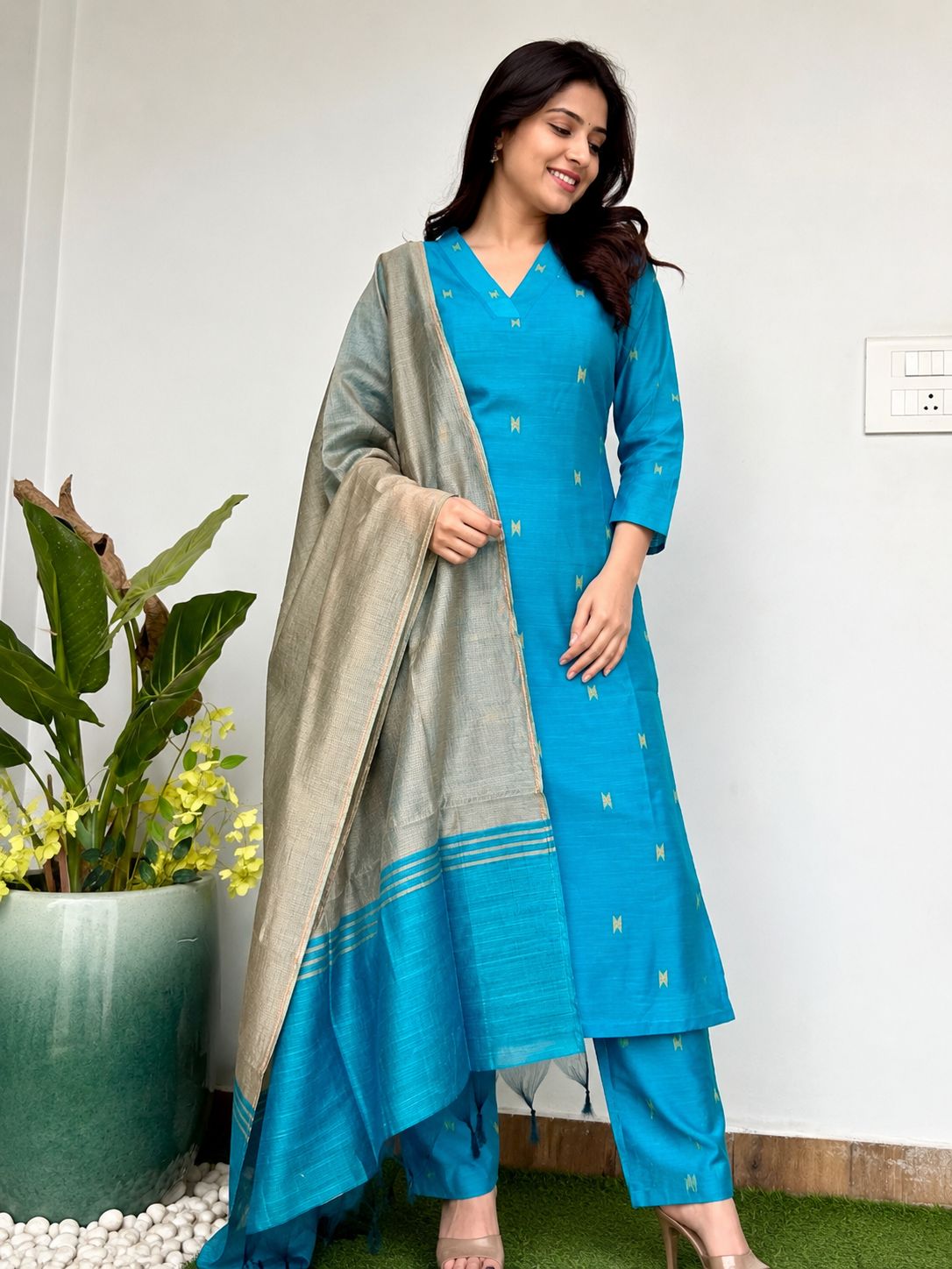 Raw silk Aline kurta set -Blue