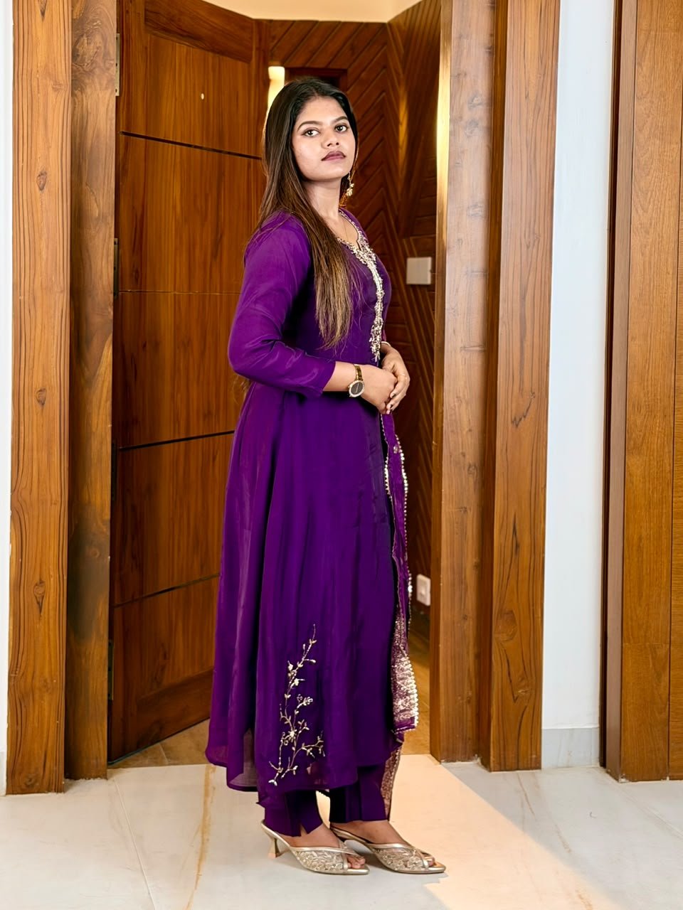 Mul Chanderi Embroidered Dress Set-Purple thumbnail