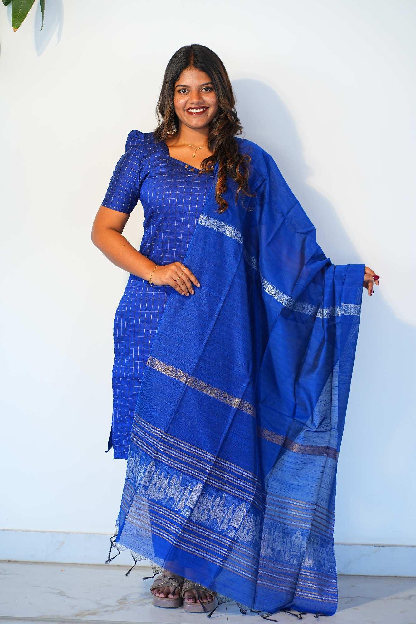 Raw silk checked-pepsi blue