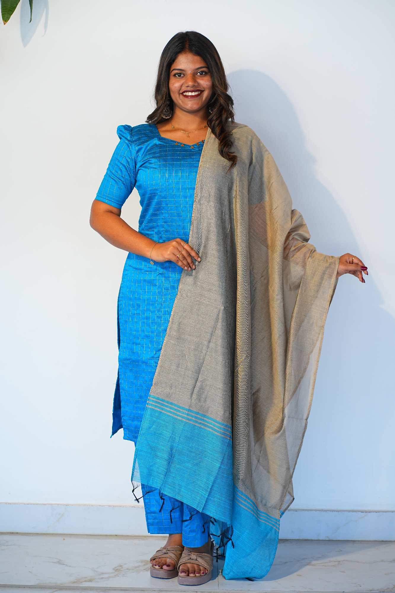 Raw silk checked-blue