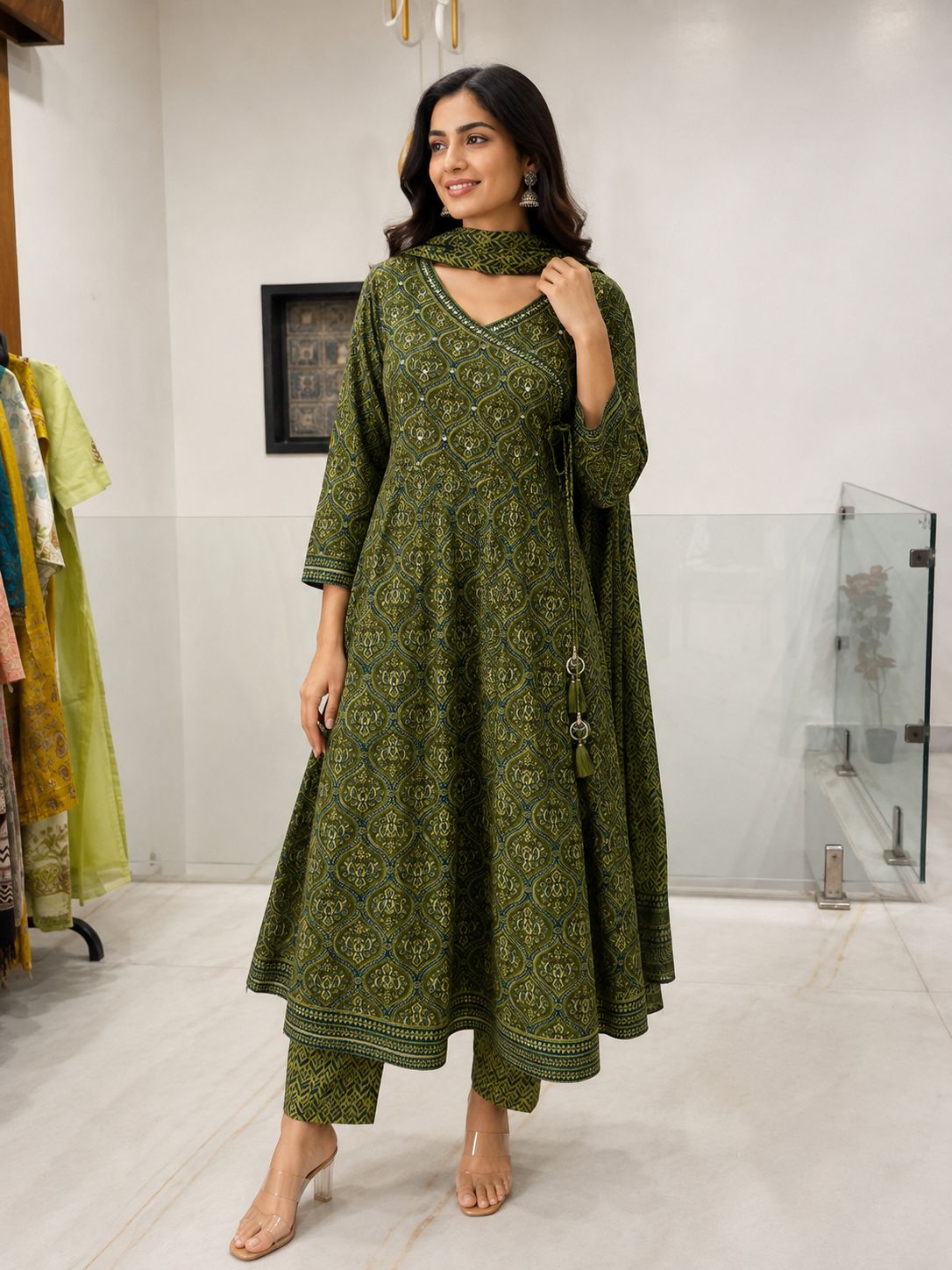 Olive Green Anarkali 60-60 cotton kurta set