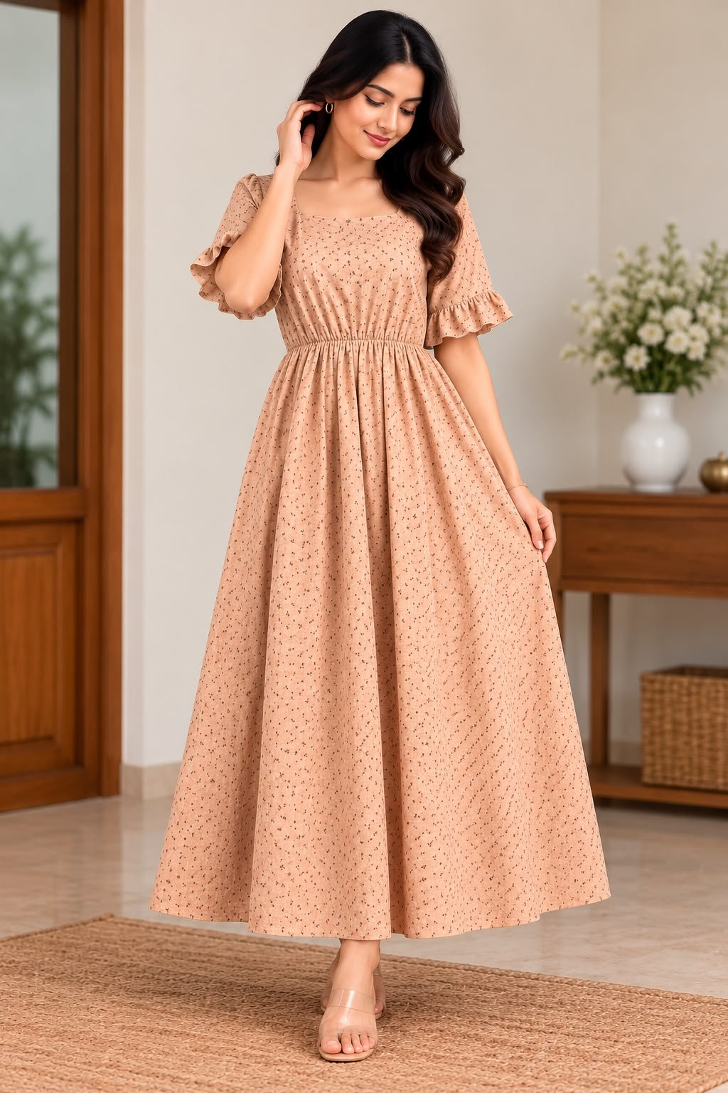 Premium Double Cotton Maternity Feeding Maxi Dress – Peach thumbnail