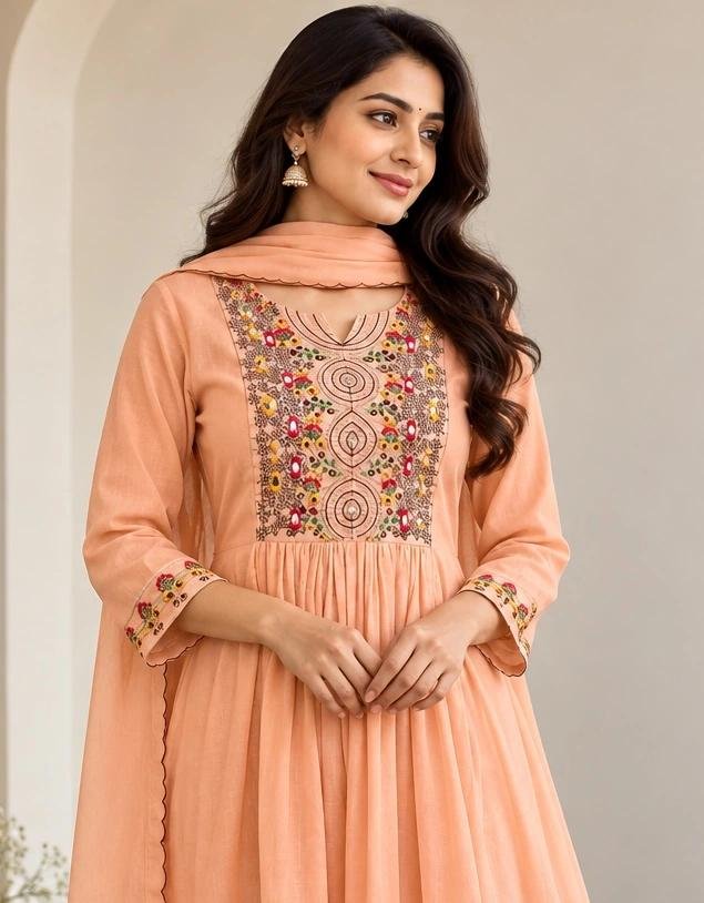 Elegant Peach Embroidered Anarkali Set thumbnail