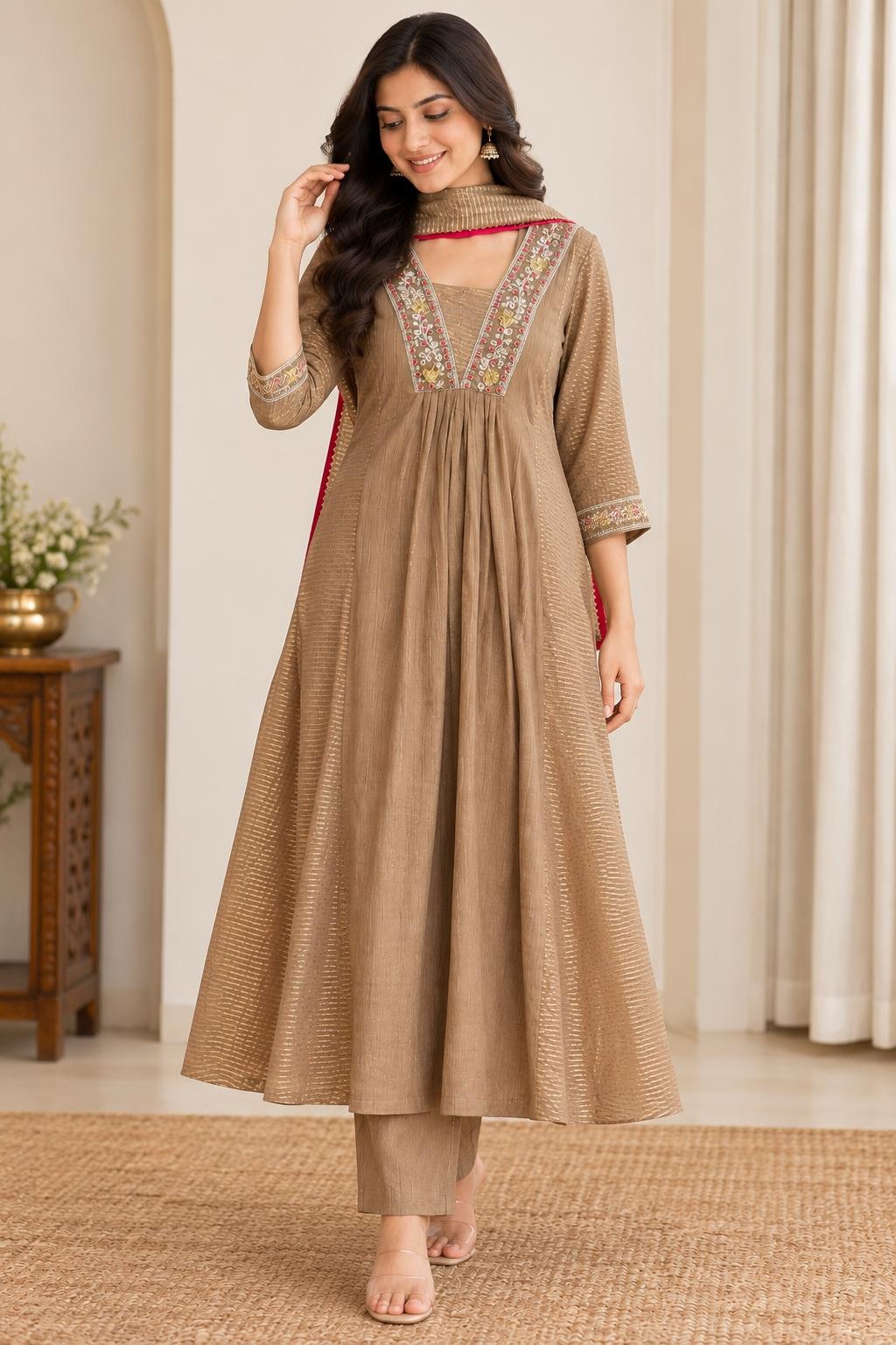 Antique Bronze Embroidered Anarkali Set