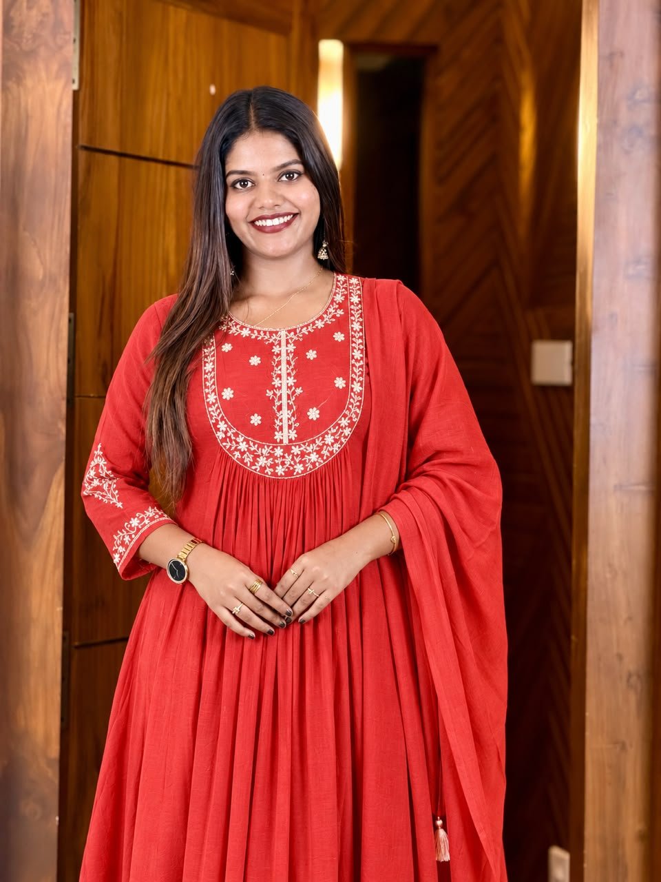 Coral Embroidered Anarkali Set-Burnt Orange thumbnail