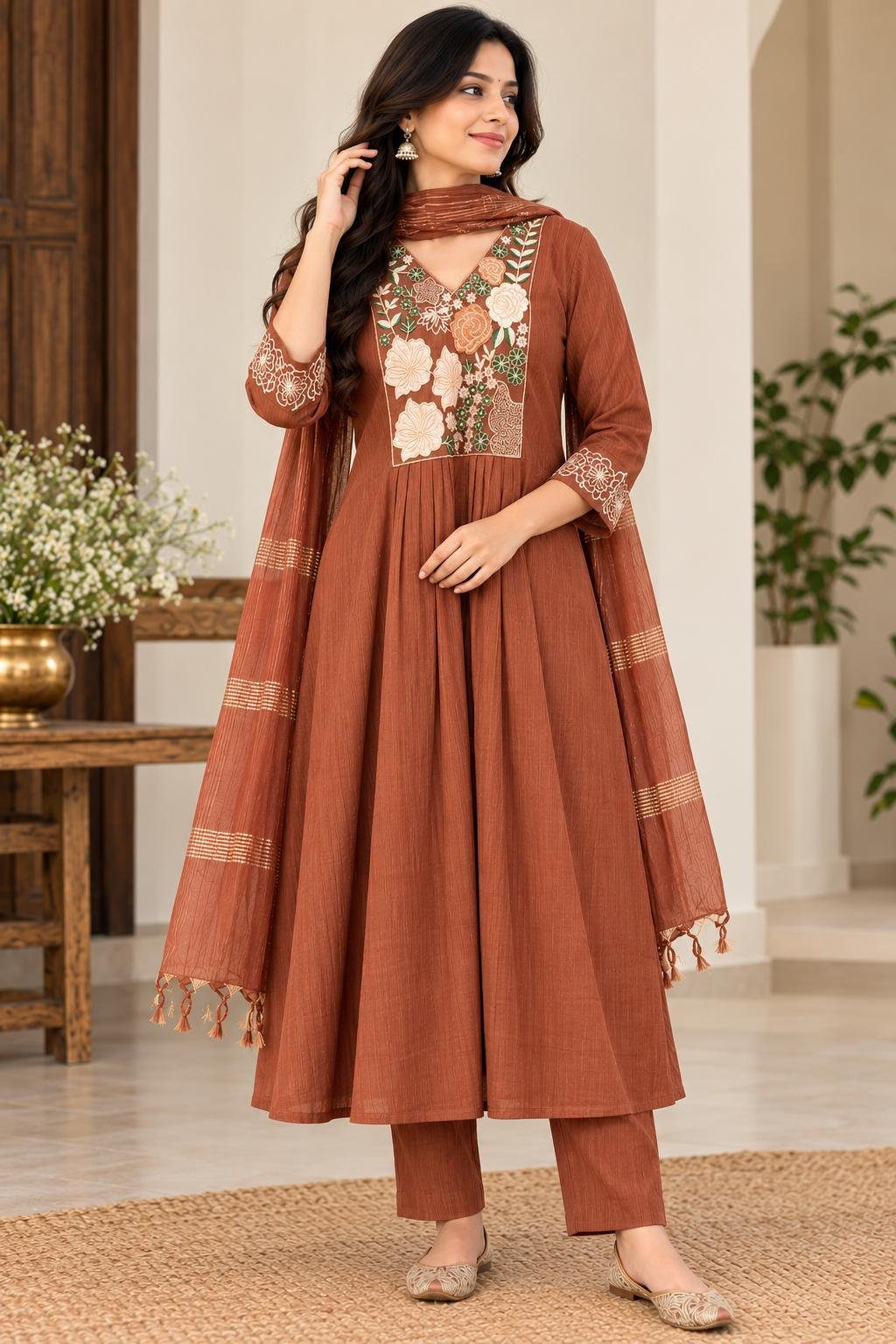 Elegant Rust Brown Embroidered Anarkali Set