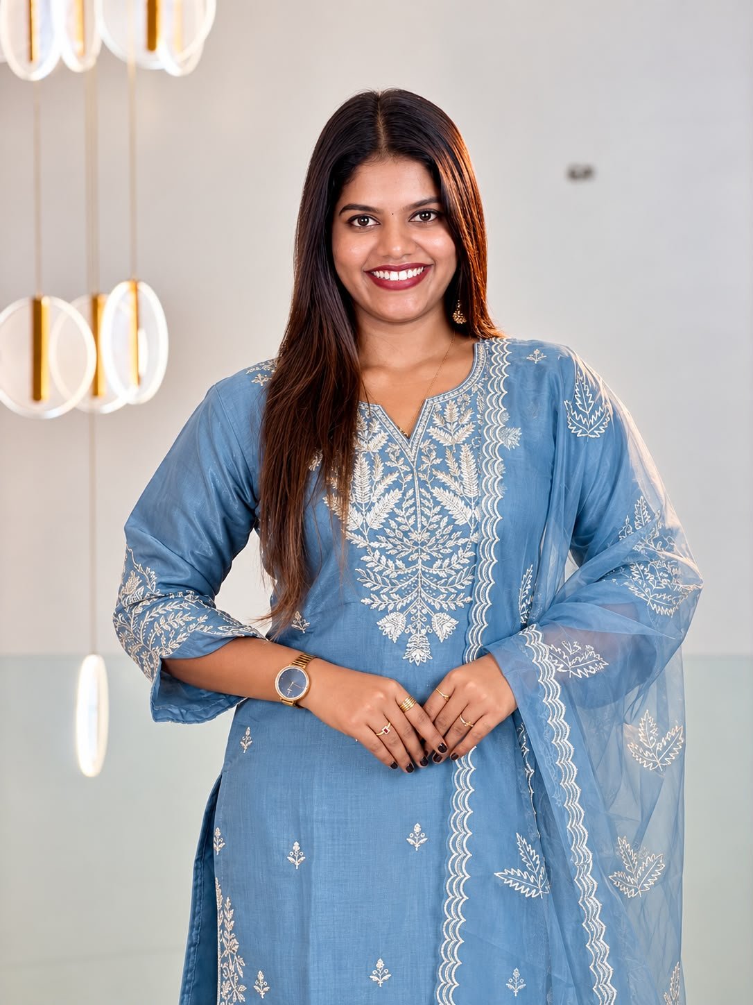 Tissue Embroidered Three-Piece Set-Dusty blue thumbnail